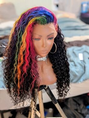 Rainbow Highlight Curly Lace Front Wig - Black with Multicolor Accents